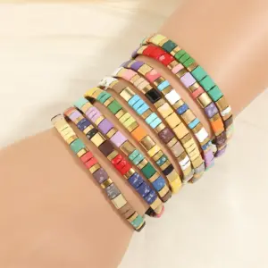 Wholesale Hawaiian Bohemian Streetwear Square Copper Beaded Stoving Varnish Plating 18k Gold Plated Bracelets