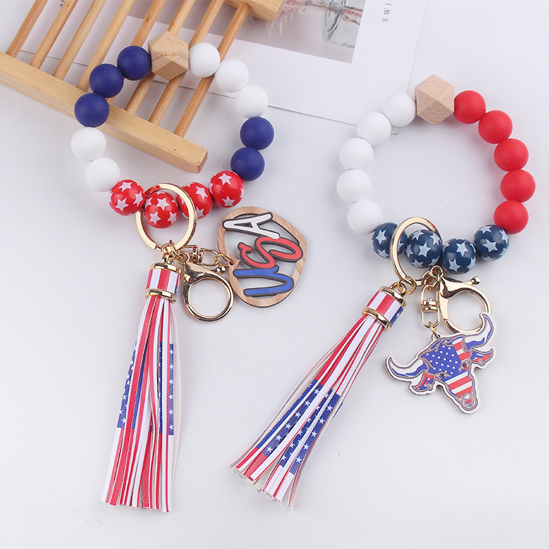 Wholesale New American Independence Day Wrist Keychain Pendant Leather PU Tassel DIY Beaded Bracelet Key Ring Aessories