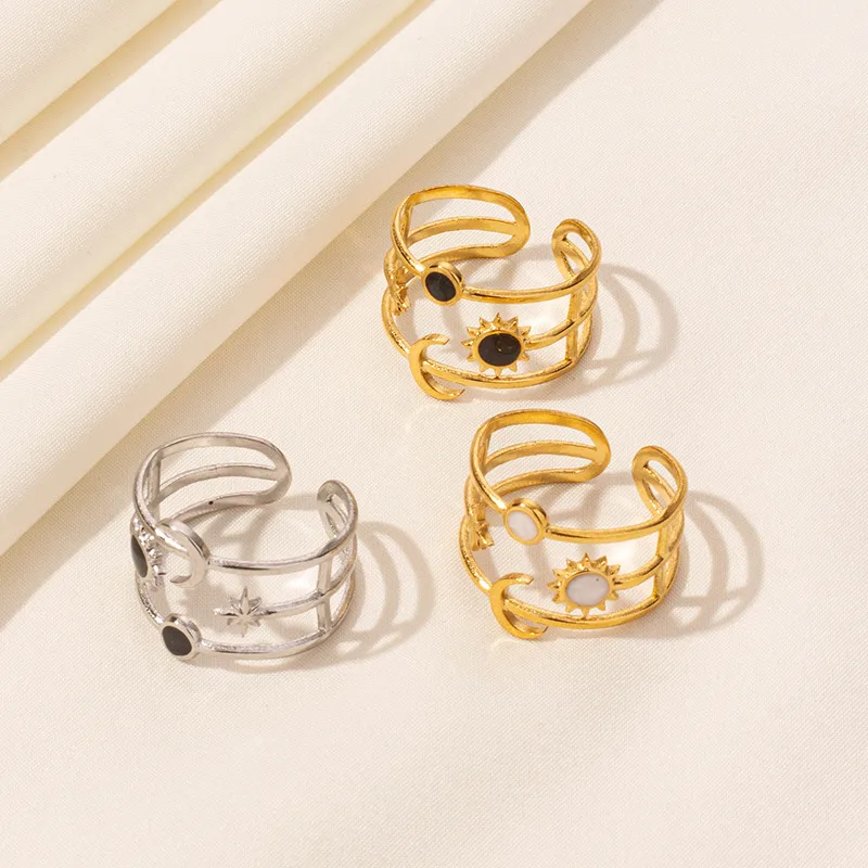 Wholesale Ion Plating (IP) Real Gold Plated 18K Gold Geometric Sun Moon 304 Stainless Steel French Style Modern Style Waterproof Non Tarnish Open Ring