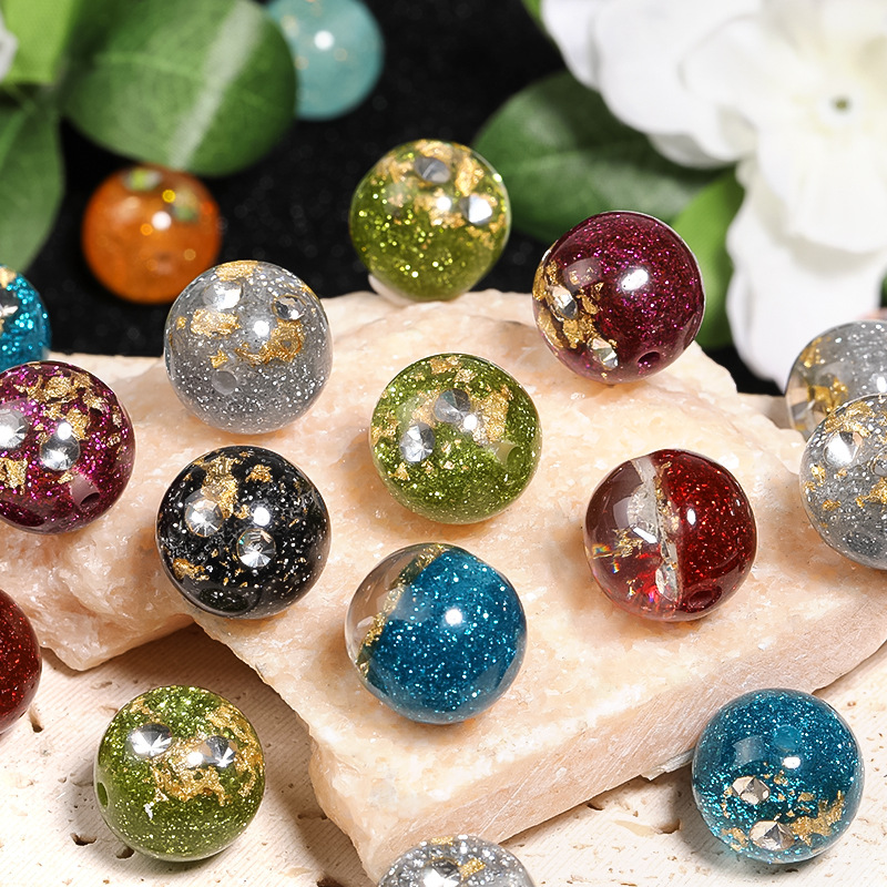 Wholesale 16mm op glue gold foil rhinestone resin round beads bright sequins through hole beads diy mobile phone chain beaded pen material