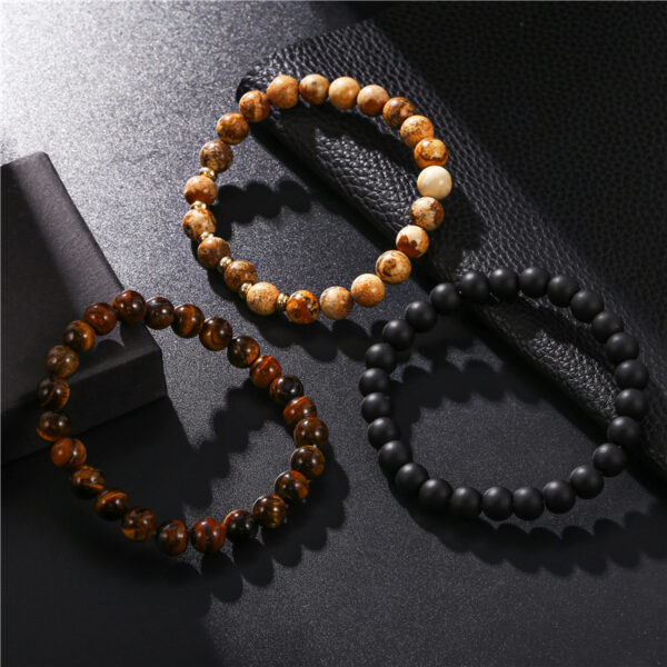 Wholesale Cross-Border Men's Hand Jewelry, Simple and Versatile 8mm Black Frosted Tiger Eye Picture Stone Elastic Set Stacking Bracelet for Men