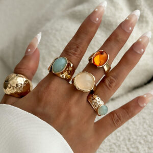 Wholesale Women's retro mixed-match stacking gemstone open ring set