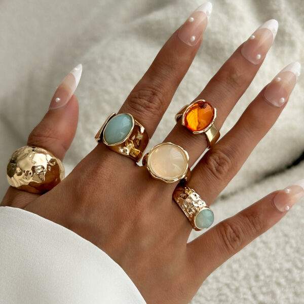 Wholesale Women's retro mixed-match stacking gemstone open ring set