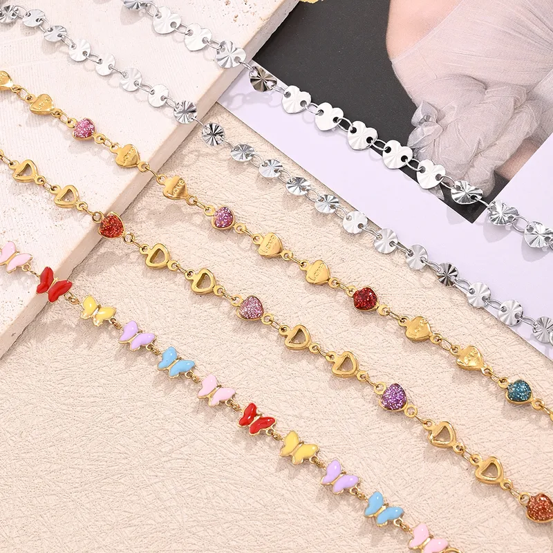 Wholesale Best Seller In Europe And America 304 Stainless Steel Furnace Vacuum Plating Color Sequins Dripping Oil Hollow Love Butterfly Bracelet