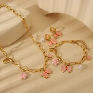 Wholesale Jewelry Romantic Heart Shape Flower Bow Knot 304 Stainless Steel 18K Gold Plated Exy Plating Bracelets Earrings Necklace