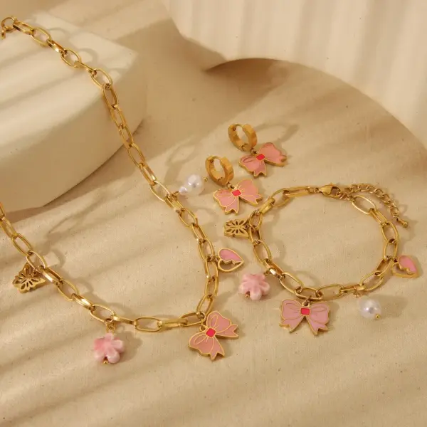 Wholesale Jewelry Romantic Heart Shape Flower Bow Knot 304 Stainless Steel 18K Gold Plated Exy Plating Bracelets Earrings Necklace