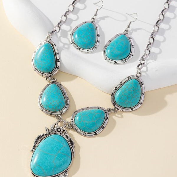 oly-94c6ede49c2d1cc5bbe06d47b2c6d2d8 Wholesale Cross-Border European and American New Retro Special-Shaped Earrings Turquoise Earrings Necklace Western Style Exaggerated Special-Shaped Turquoise Necklace