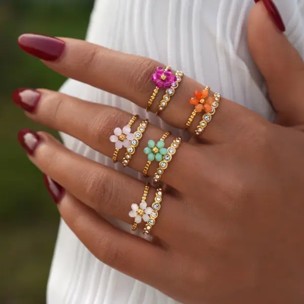 PVD Coated Real Gold Plated 18K Gold Flower 304 Stainless Steel Casual Simple Style Waterproof Non Tarnish Adjustable Ring