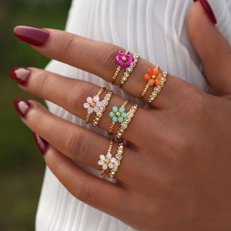 Wholesale PVD Coated Real Gold Plated 18K Gold Flower 304 Stainless Steel Casual Simple Style Waterproof Non Tarnish Adjustable Ring