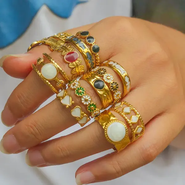 Ion Plating (IP) 18K Gold Plated Leaves Eye Flower 304 Stainless Steel Rock Oversized Waterproof Non Tarnish Open Rings