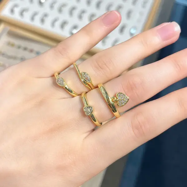 Wholesale Copper 18K Gold Plated Gold Plated Plating Inlay Water Droplets Heart Shape Zircon Open Rings Rings