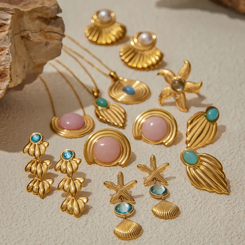 Wholesale PVD Coated Real Gold Plated Geometric Shell 316 Stainless Steel Original Design Modern Style Commute Waterproof Non Tarnish Jewelry Set