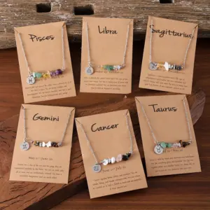 Wholesale New Arrival Twelve Constellation Natural Stone Combination Necklace Irregular Stone Pendant Good Luck Clavicle Chain Neck Chain