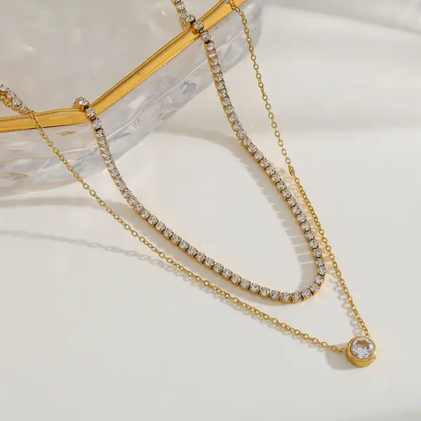 Geometric Heart Shaped Pendant Double Layer Necklace Bracelet Set Stainless Steel Plated 18K Gold Embedded Zirconia Elegant Jewelry