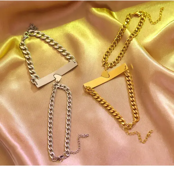 Wholesale Romantic Simple Style Heart Shape Rectangle Titanium Steel Cuban Link Chain Curb Chain Bracelets In Bulk