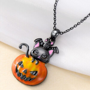 Wholesale European and American Halloween Pumpkin Cat Funny Pendant Gothic Bat Oil Pink Cat Clavicle Chain Dress Up Necklace