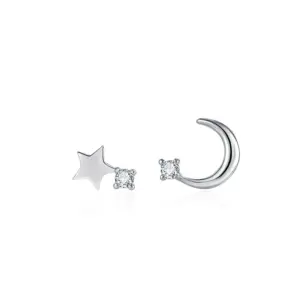 Star and Moon Stud Earring [White Gold Color]]