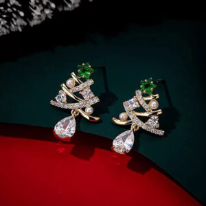 Silver needle: green five-star + white diamond christmas tree + white crystal drop earrings