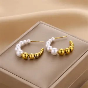 Wholesale C Shape Imitation Pearl Titanium Steel Fashion Earrings