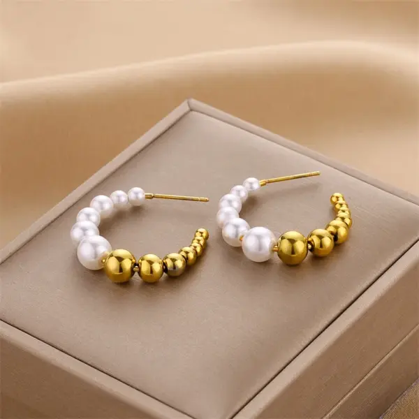 Wholesale C Shape Imitation Pearl Titanium Steel Fashion Earrings