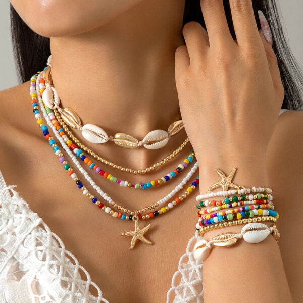Wholesale Cross-border Bohemian Color Rice Beads Rope Necklace Bracelet suit Beach Wind Starfish Bracelet 12-piece Set