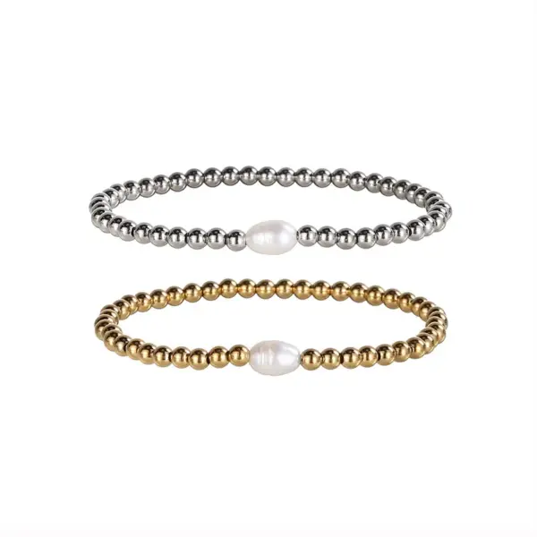 Wholesale Elegant Round Stainless Steel Freshwater Pearl Plating Gold Plated Bracelets