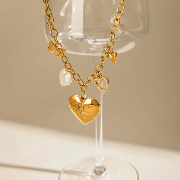 Wholesale Jewelry Simple Style Classic Style Heart Shape Flower Butterfly 304 Stainless Steel Zircon PVD Coated Pearl Hollow Out Inlay Cable Chain Multi Charms Necklace