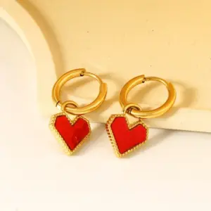 【XKE0153】Red Heart Earrings / Gold