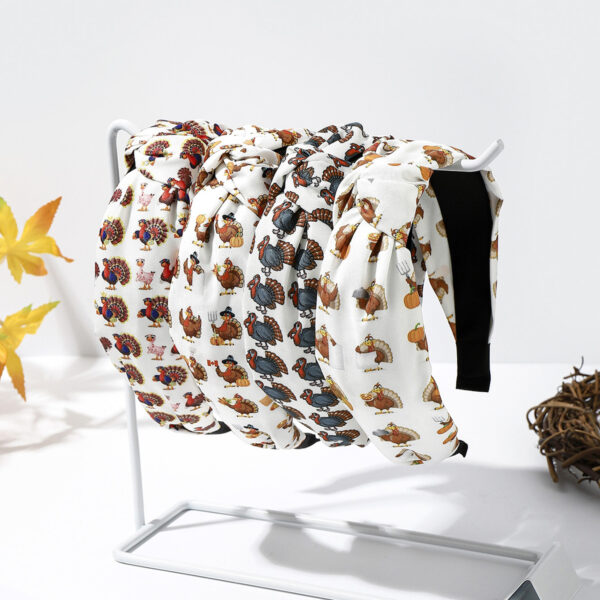 Wholesale Fabric Thanksgiving-themed headband with maple leaf, turkey, pumpkin, and mushroom prints - a stylish holiday hair accessory set (4 pieces).