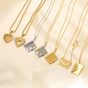 Wholesale Golden Plated 201 Stainless Steel Electroplated Zircon Envelope Heart Shape Cable Chain Pendant Necklace