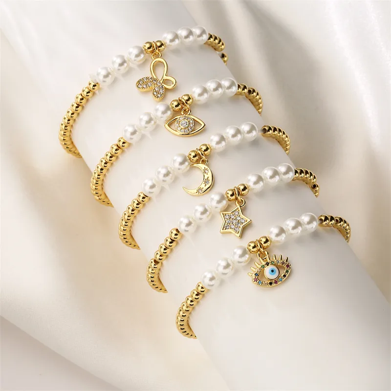 Wholesale 1 Piece Artistic Star Moon Eye Copper Pearl Inlay Zircon Bracelets