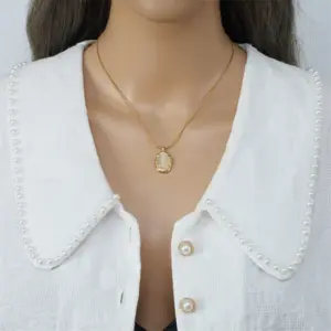 Wholesale 304 Stainless Steel Oval PVD Coated Cat's Eye Stone 18K Real Gold Plated Retro Waterproof Non Tarnish Inlay Pendant Necklace