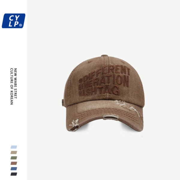 Wholesale American-style letter embroidered baseball cap men's and women's same Style Street heavy work washed denim ripped peaked cap makes face look small