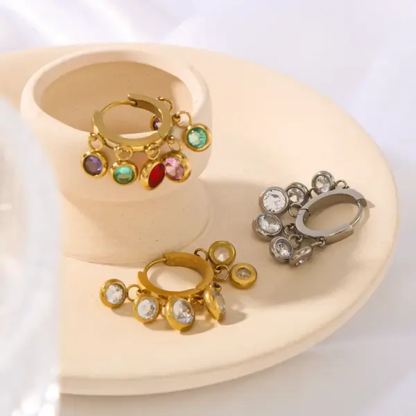 Wholesale 304 Stainless Steel Round Tassel PVD Coated Zircon 18K Gold 18K Real Gold Plated Real Gold Plated Vintage Style Simple Style Waterproof Non Tarnish Plating Inlay Gold Drop Earrings