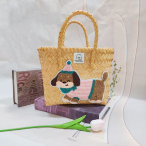 Beige hand basket with pink striped puppy