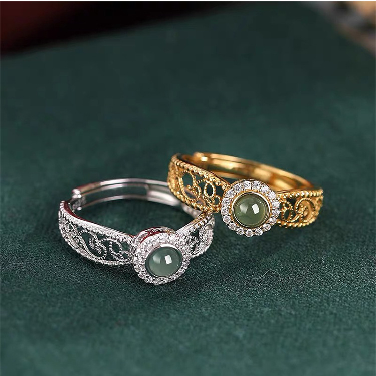Wholesale "Bibo" Sier Plated Ruyi Chalcedony Ring Light Luxury Fashion Silk Hollow Zircon Finger Ring Mother's Day Gift