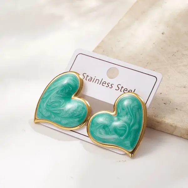 Color Retention Electroplating Drip Oil Heart Shaped Earrings Women's Fashion Jewelry Stainless Steel Polished Surface