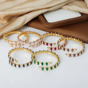 Wholesale 304 Stainless Steel Color Block PVD Coated Zircon 18K Gold Plated Real Gold Plated Vintage Style Waterproof Non Tarnish Plating Inlay Multicolor Bangle