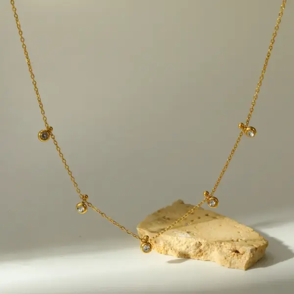 Wholesale Trillion-cut Electroplated Necklace In 18K Gold Plated 304 Stainless Steel With Zircon And 0.03-0.05µm PVD Coating Side Chain