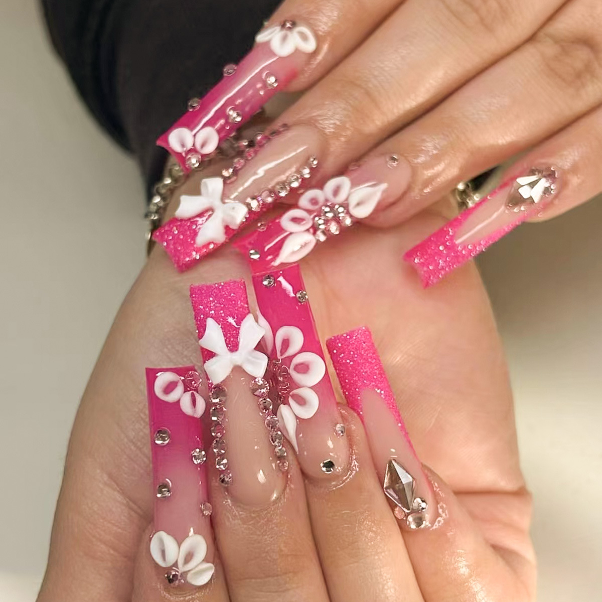 Wholesale Cross-border New Wearable Long Water Pipe Nail Pieces French Pink Broken Diamond Bow Wearing Nail Patch Nail Pieces