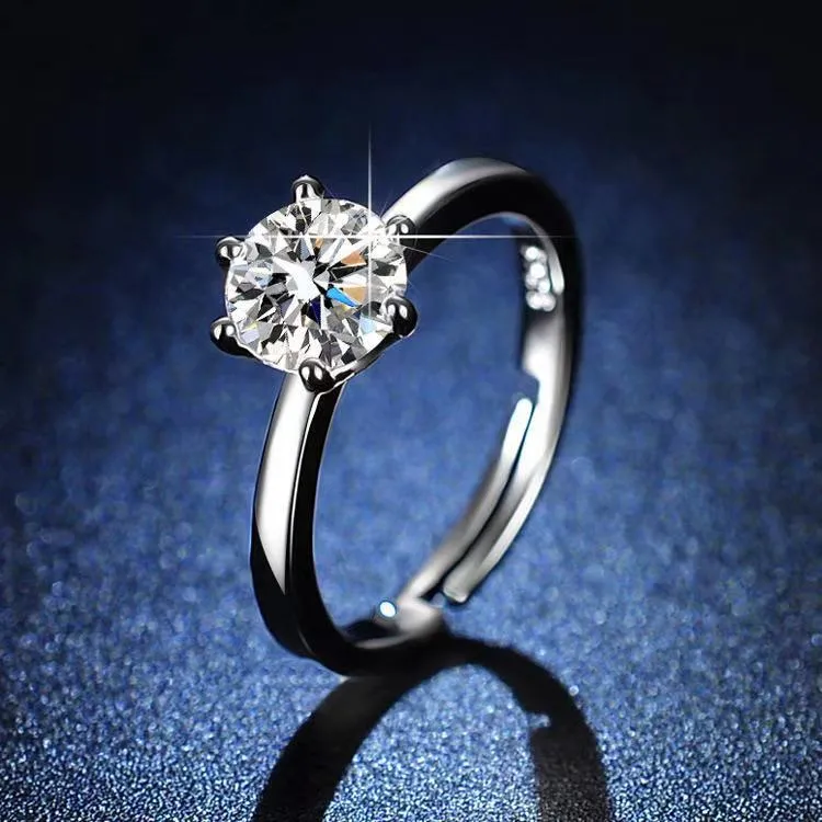 Wholesale Tiktok Kuaishou Live Broadcast Celebrity Same Fashion Women's Diamond Ring Six-claw 1 Karat Cole Women's Ring Open Wedding Ring