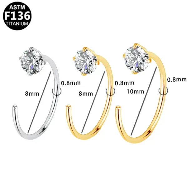 Titanium Alloy Nose Studs And Rings Set With C-Shape Four Claw Embedded Zirconia Piercing Jewelry Fashionable Unisex Princess Style