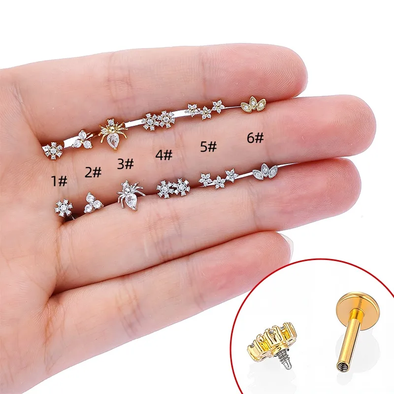 Wholesale 1 Piece Lip Rings Casual Simple Style Classic Style Crown Flower Spider 316L Stainless Steel Waterproof Non Tarnish Surgical Steel Zircon Io