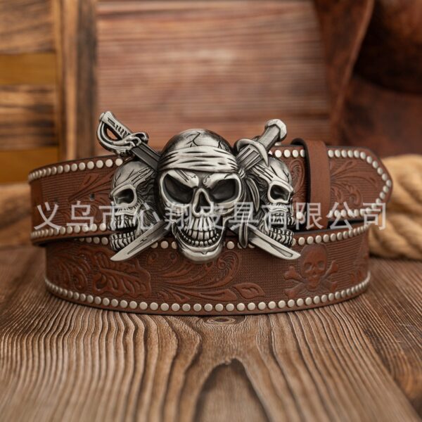 Wholesale Cross-Border Punk Double Sword Three Ghost Buckle Retro Western Cowboy Pu Leather Belt
