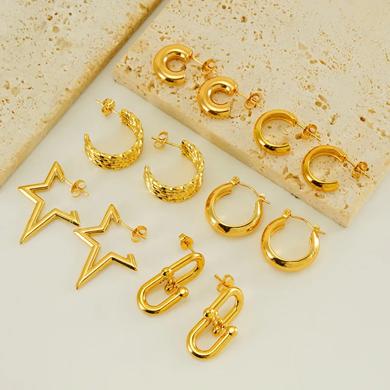 Wholesale 18K Gold Plated 316 Stainless Steel PVD Coated Titanium Steel C Shape Star Waterproof Non Tarnish Elegant Modern Style Drop Earrings For Wom
