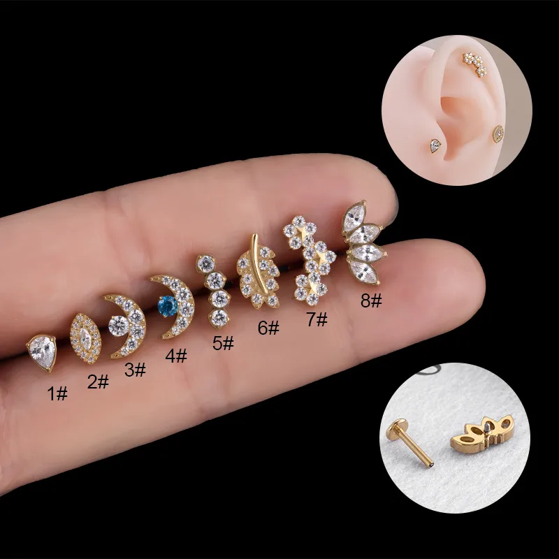 Wholesale 1 Piece Ear Cartilage Rings & Studs Fashion Leaf Moon Flower Pure Titanium Inlaid Zircon