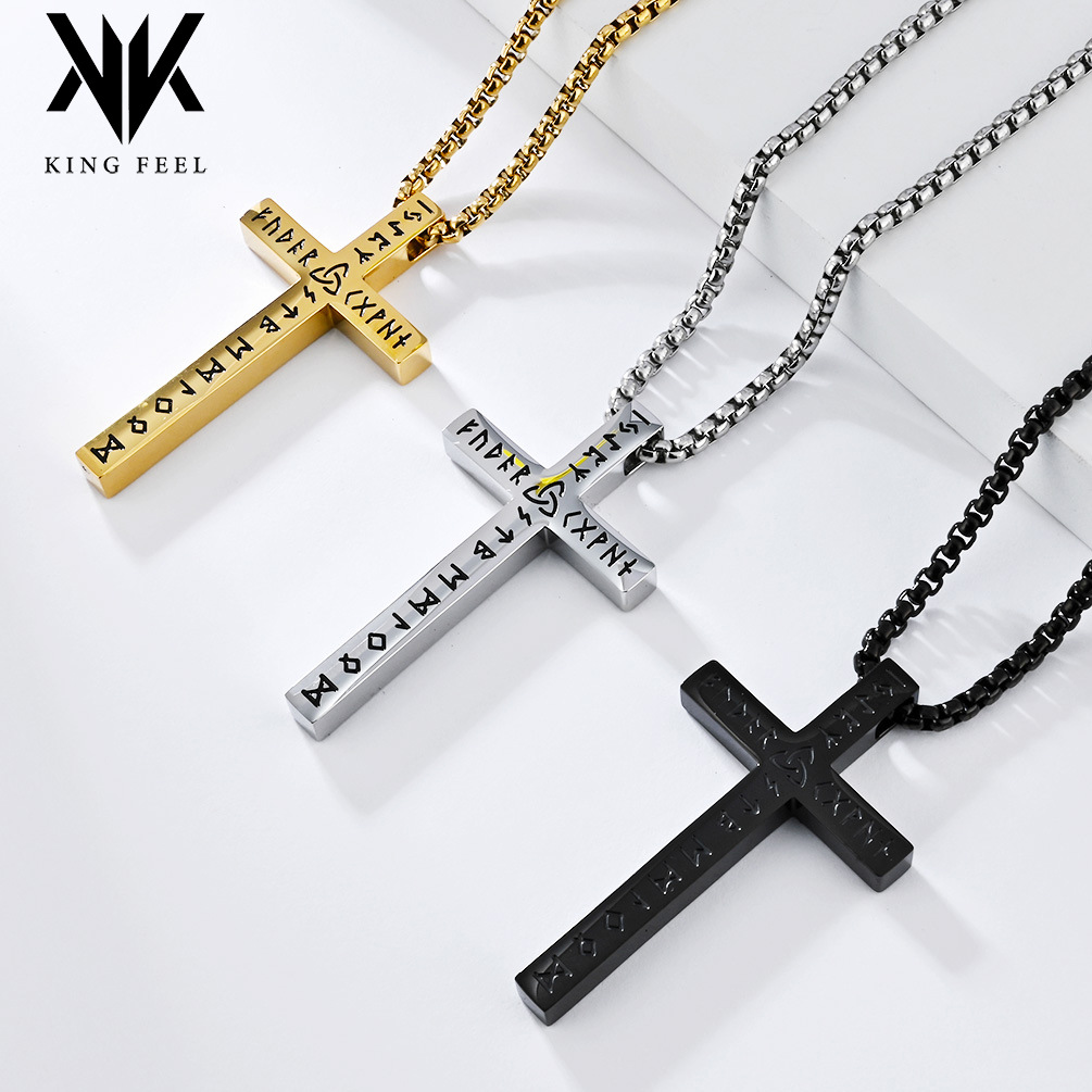 Wholesale Cross Border Nordic Viking Text Titanium Steel Glow Cross Necklace Luen Rune Gender Free Cross Pendant