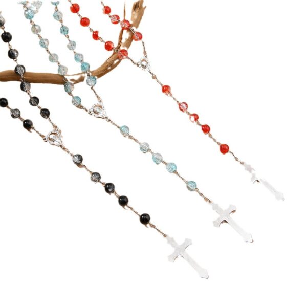 Wholesale 8mm floral glass bead cross rosary baptism necklace