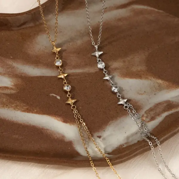 304 Stainless Steel Round Star Lines PVD Coated Zircon Real Gold Plated Necklace