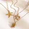Wholesale 304 Stainless Steel Tortoise Starfish Conch PVD Coated Freshwater Pearl Real Gold Plated Retro Beach Waterproof Non Tarnish Surgical Steel Inlay Lip Chain Gold Pendant Necklace